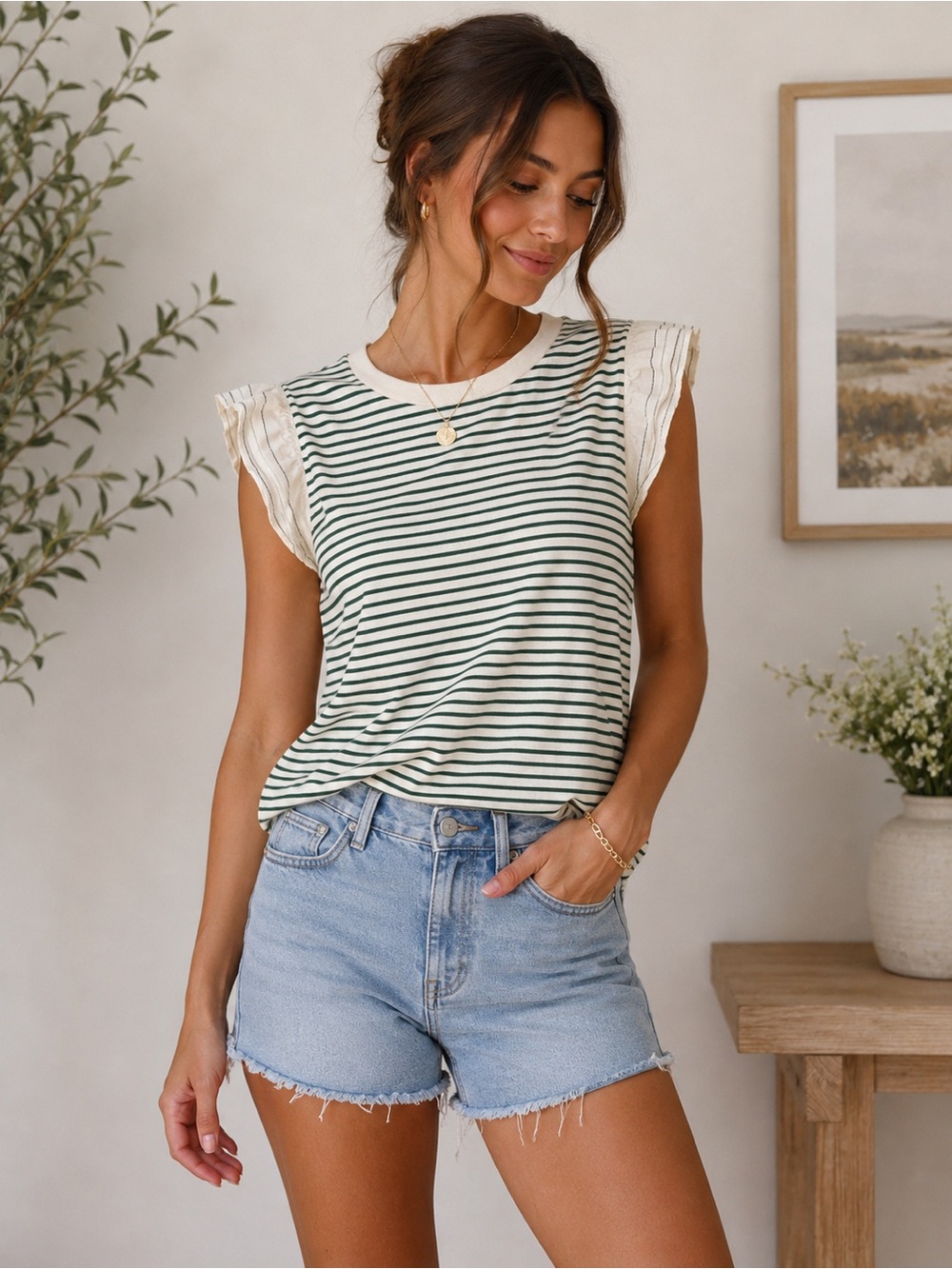 Staccato Cottagecore Casual Striped Ruffle Sleeve Women’s Top Cream & Green. L